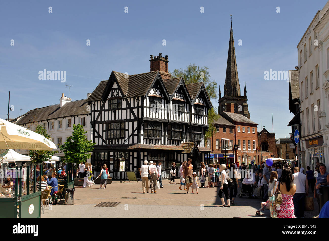 The Old House and St. Peter`s Church, High Town, Hereford, Herefordshire, England, UK Stock Photo